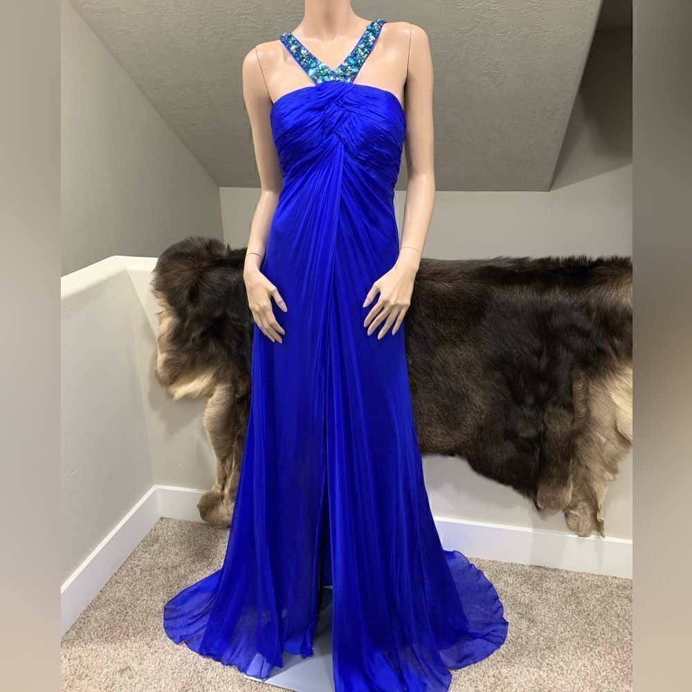 Royal Blue Gorgeous Vintage Style 100% Silk Halter Gown with Beads